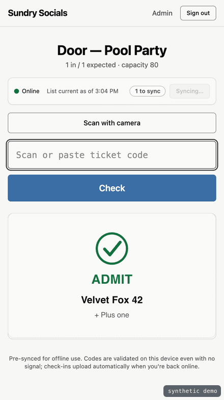 Synthetic demo door screen on a phone showing a successful check-in: a green ADMIT result for attendee Velvet Fox 42, plus one guest.