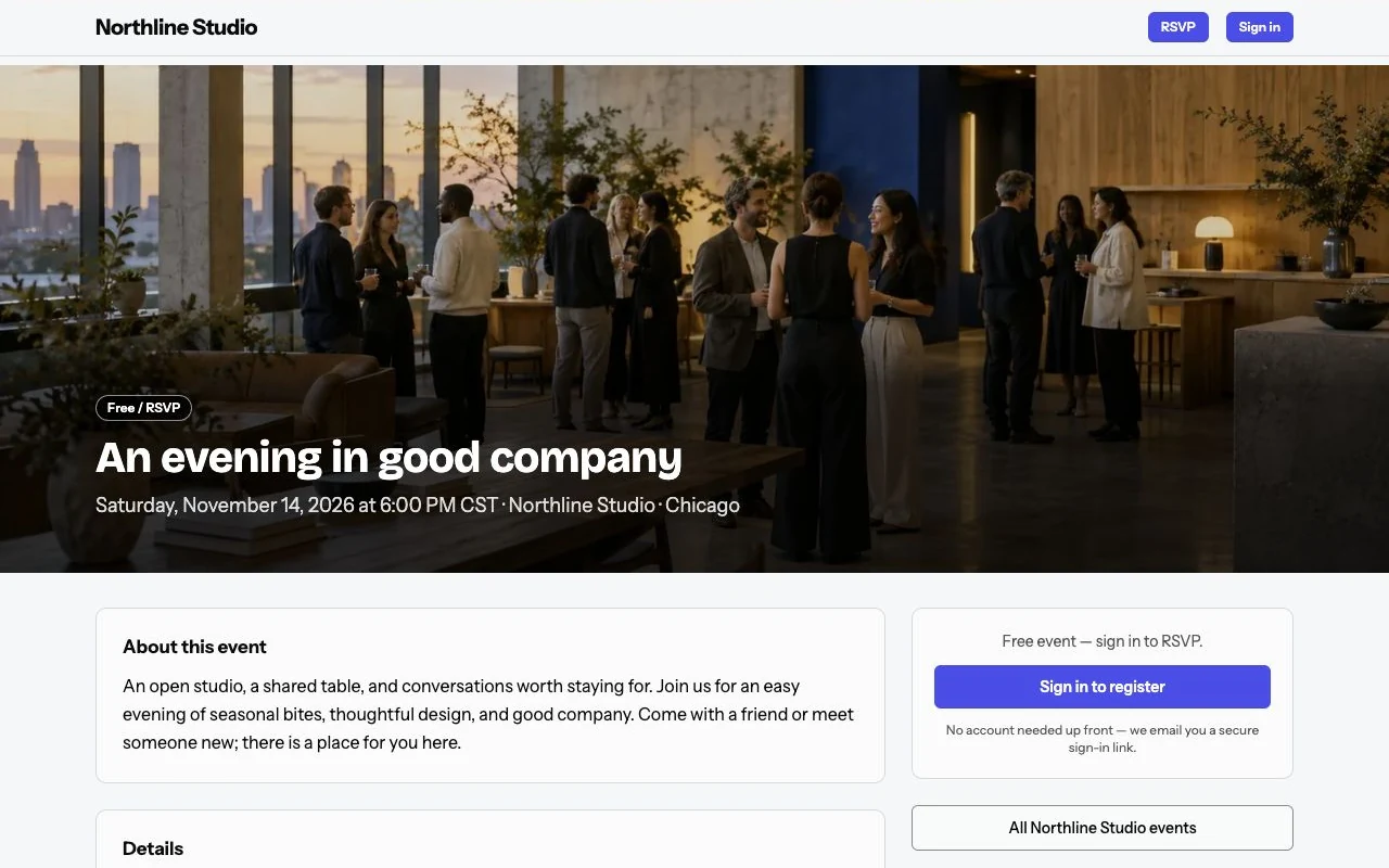 Example event page for fictional Northline Studio, showing its logo, event photo and registration button.